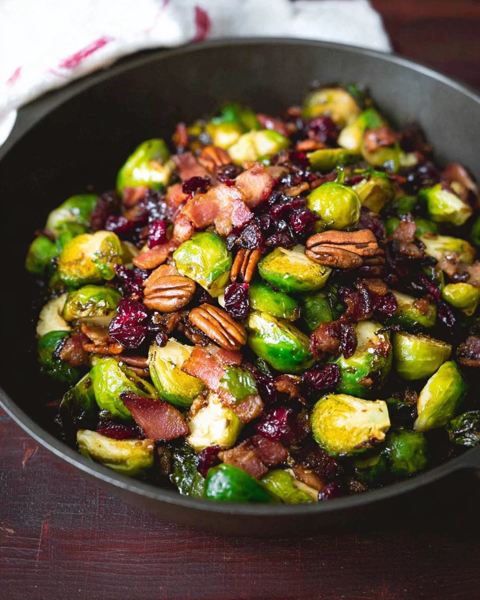 Balsamic Brussels Sprouts With Bacon, Dried Cranberries And Pecans