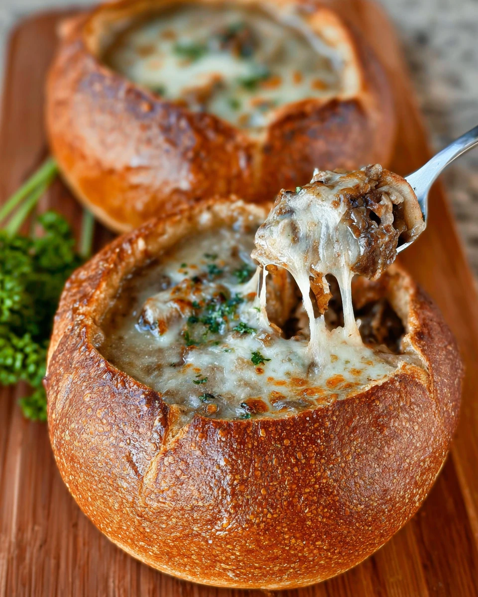 Philly Cheesesteak Soup In Bread Bowls