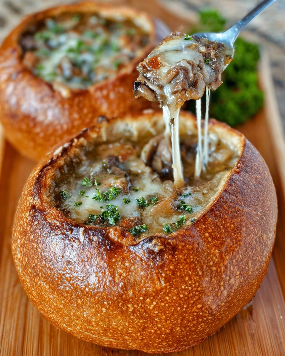 Philly Cheesesteak Soup In Bread Bowls