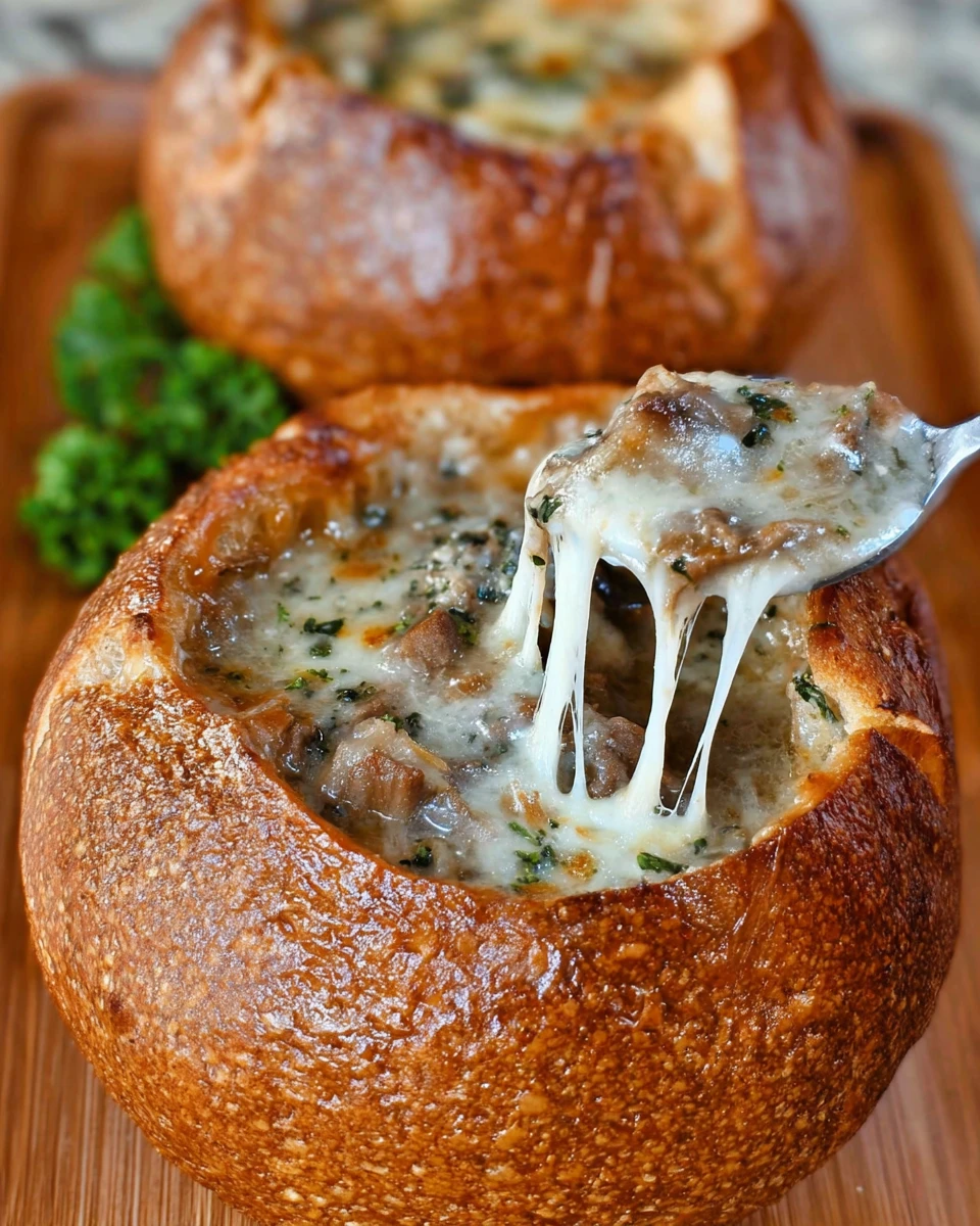 Philly Cheesesteak Soup In Bread Bowls