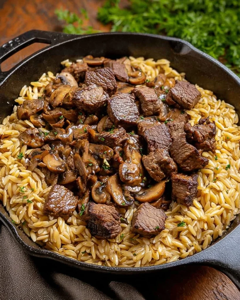 Steak-Bites-with-Mushroom-Orzo-Recipe
