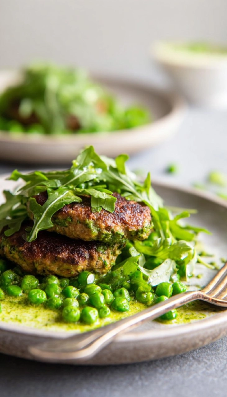 Green Goddess Turkey Patties With Arugula Pea Salad