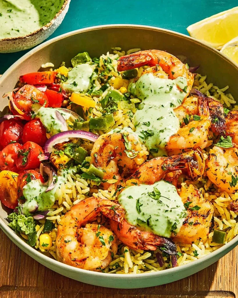 Shrimp-Bowls-with-Lemon-Rice-and-Green-Goddess-Dressing-Recipe