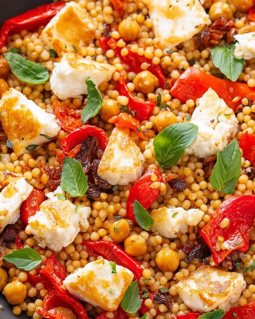 Roasted-Red-Pepper-Couscous-Bake-with-Honey-Halloumi-Recipe