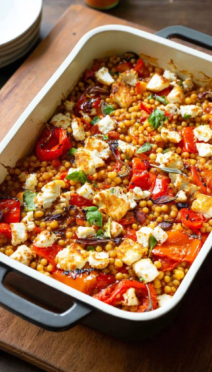 Roasted Red Pepper Couscous Bake With Honey Halloumi